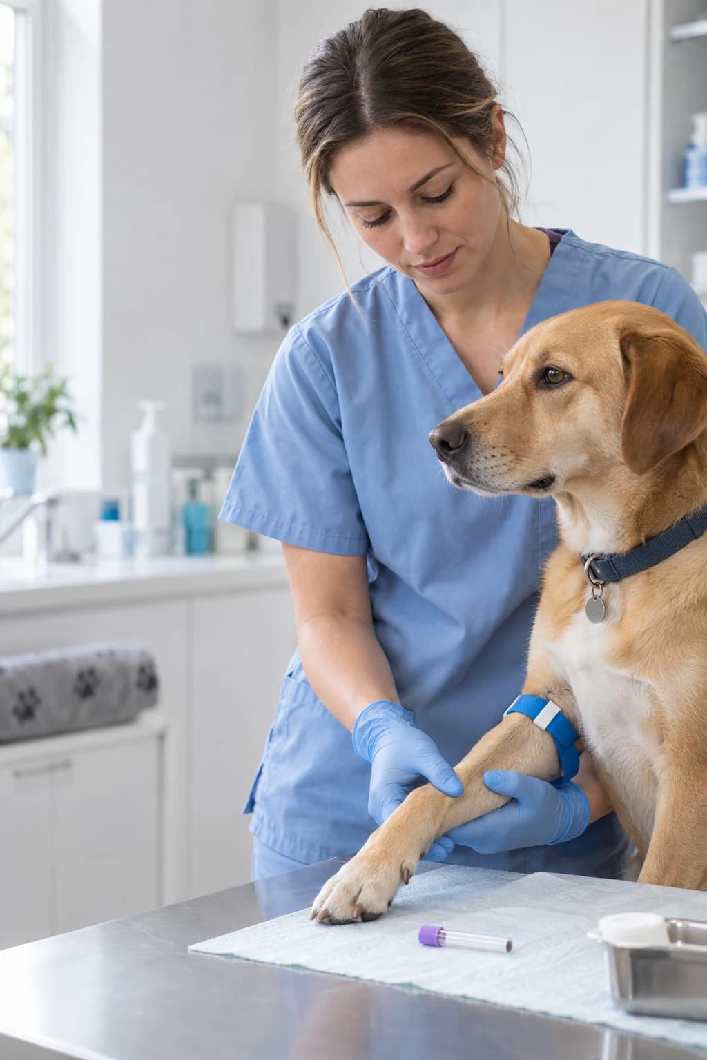Veterinary technician preparing a calm dog for diagnostic testing