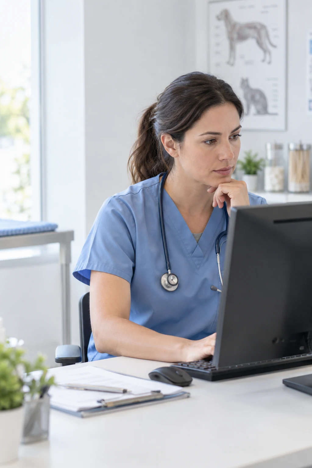 Veterinary professional reviewing results at a clinical workstation