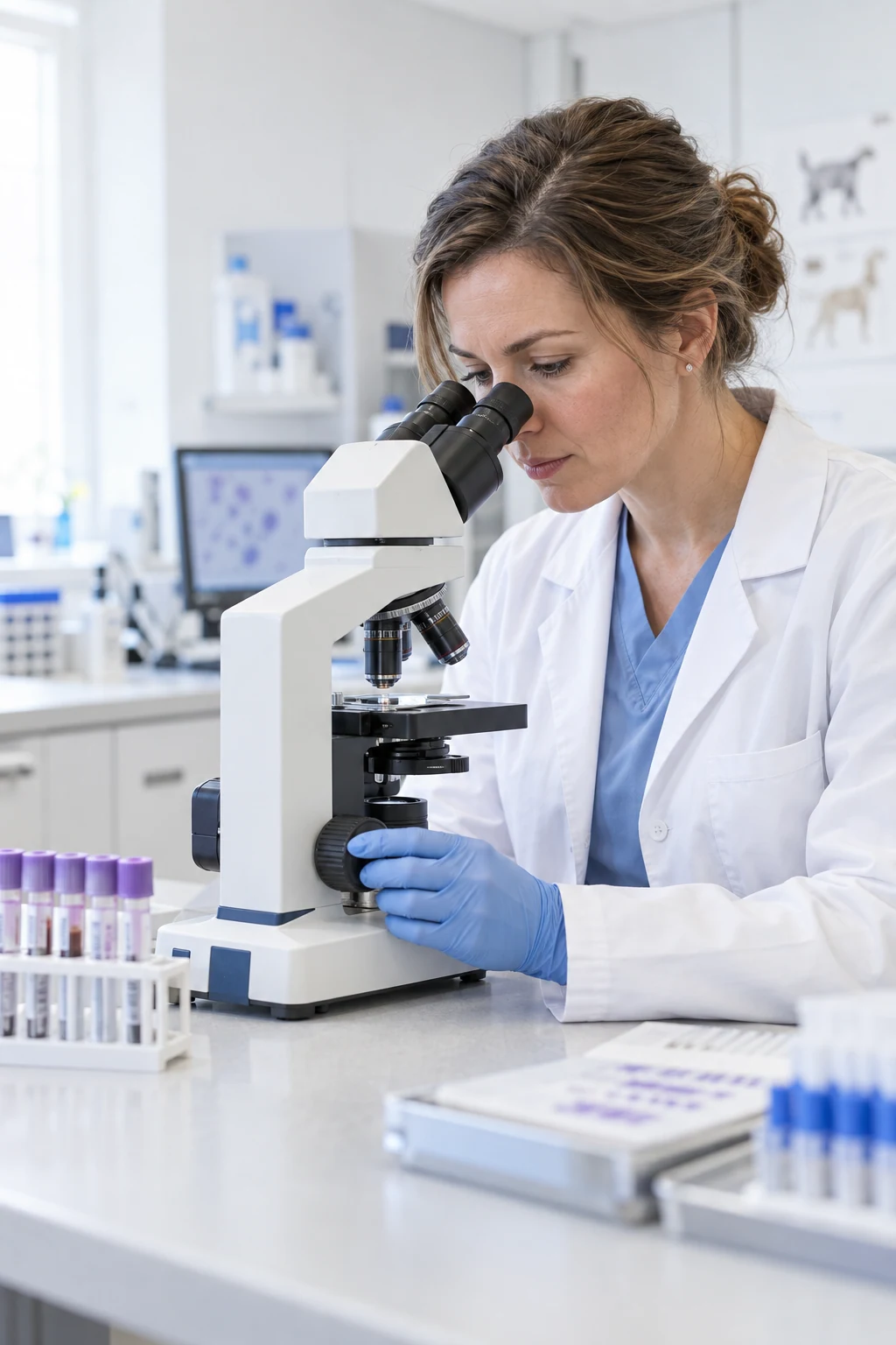 Laboratory professional reviewing a slide through a microscope