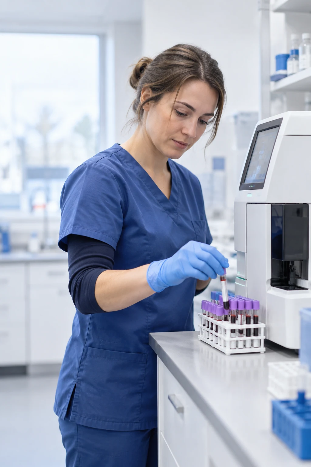 Laboratory technician processing specimen tubes beside a diagnostic analyzer
